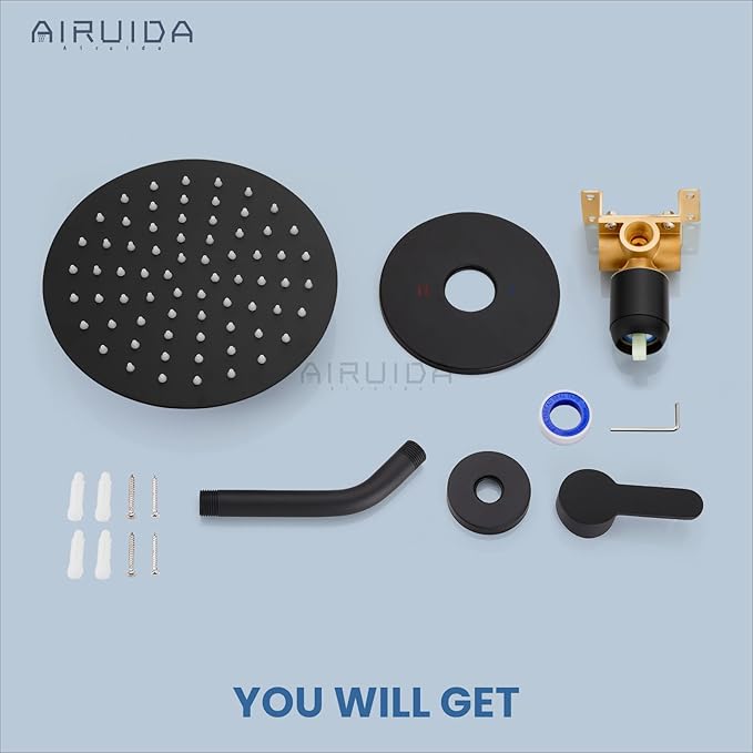 Airuida Shower Faucet Set,8 Inch Round Rainfall Shower Head,SUS304 Stainless Steel Single Handle Shower Trim Kit,Wall Mount Bathroom System with Female Threads Valve Matte Black