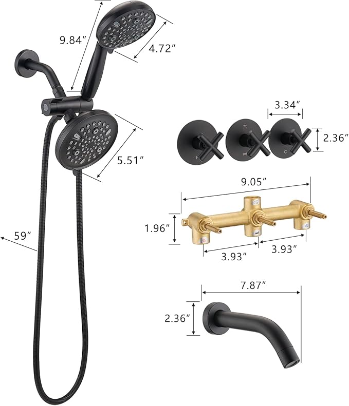 PROOX 3 Handle Tub Shower Faucet Set, Dual shower head Combo with Tub and Shower Trim Kit with Rough-in Valve, Matte Black Bathtub Shower Faucets, Wall Mounted Bathroom Rain Shower System