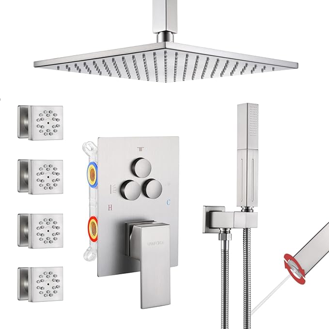 VANFOXLE Shower Faucet Set Brushed Nickel Shower System with 4 PCS Dual Modes 2 Inch Body Jets,Push Button Diverter Shower Fixtures with 2 in 1 Handheld,Ceiling Mount 10 Inch Shower Head