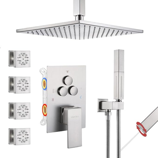 VANFOXLE Shower Faucet Set Brushed Nickel Shower System with 4 PCS Dual Modes 2 Inch Body Jets,Push Button Diverter Shower Fixtures with 2 in 1 Handheld,Ceiling Mount 10 Inch Shower Head