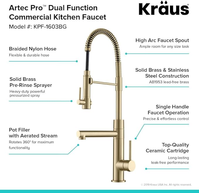 KRAUS Artec Pro (1 st Gen) Commercial Style Pre-Rinse Single Handle Kitchen Faucet (No Pull Down) with Pot Filler in Brushed Gold, KPF-1603BG (Pack of 1)