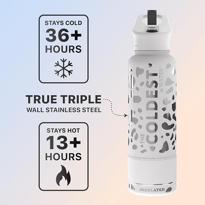 Coldest Sports Water Bottle - (Straw Lid), Leak Proof, Vacuum Insulated Stainless Steel, Hot Cold, Double Walled, Thermo Mug, Metal Canteen (40 oz, Silver Leopard)