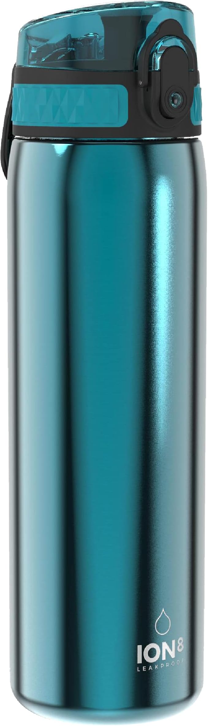 Ion8 Steel Water Bottle, 600 ml/20 oz, Leak Proof, Easy to Open, Secure Lock, Dishwasher Safe, Hygienic Flip Cover, Fits Cup Holders, Carry Handle, Durable, Carbon Neutral, Metallic Aqua
