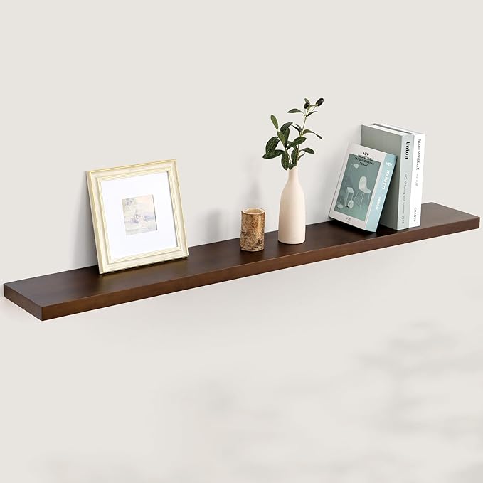 Floating Shelves 55 Inches Long - 8 Inch Deep Rustic Solid Pine Wood for Storage - Farmhouse Wall Mounted for Living Room - Heavy-Duty Metal Bracket - 55" W x 8" D - American Walnut Color