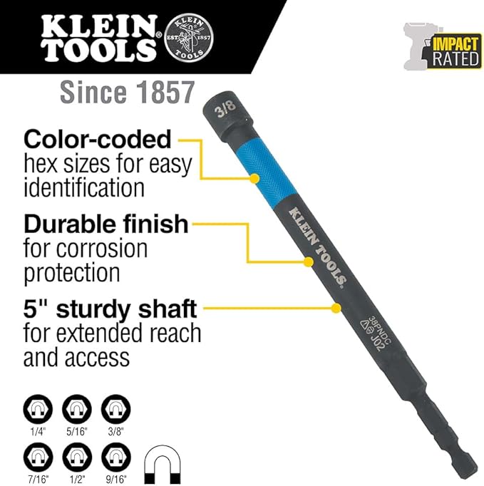 Klein Tools 32930 SAE Magnetic Impact Nut Setter Set, 6-Piece Color Coded Power Nut Driver with Extended Reach, 6 SAE Sizes