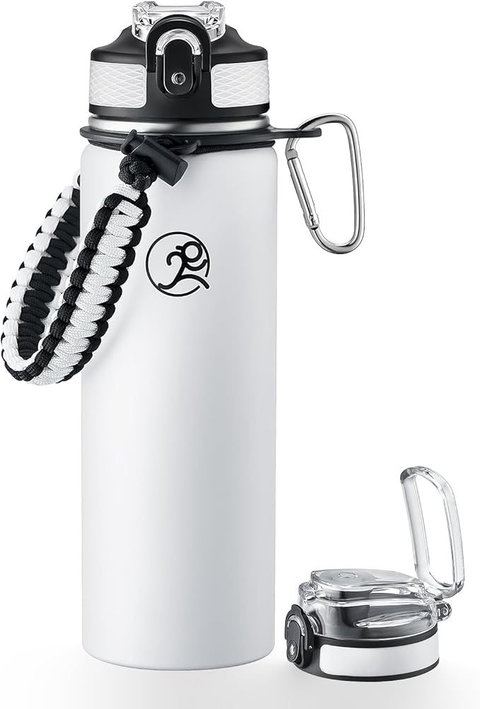 GOSWAG Insulated Sports Water Bottle, 24oz 2 Lids(with Straw/No Straw), Stainless Steel Water Bottles with Paracord Handle, Insulated Thermos with Double-Wall Vacuum Insulation