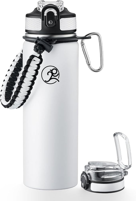GOSWAG Insulated Sports Water Bottle, 24oz 2 Lids(with Straw/No Straw), Stainless Steel Water Bottles with Paracord Handle, Insulated Thermos with Double-Wall Vacuum Insulation