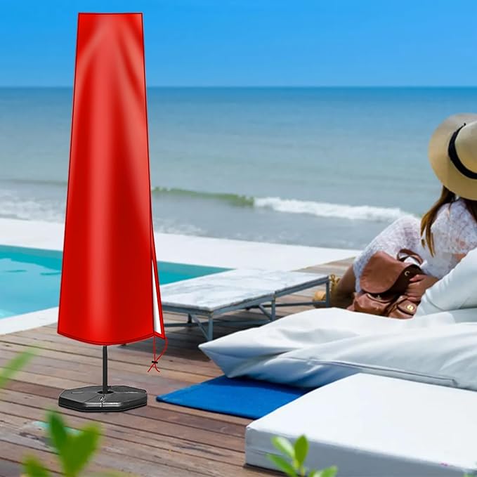 OKPOW Patio Umbrella Cover for 9ft to 12ft Outdoor Umbrellas - 420D Waterproof Garden Market Umbrella Cover Outside Parasol Covers with Zipper for Deck Pool Beach Umbrellas, Red