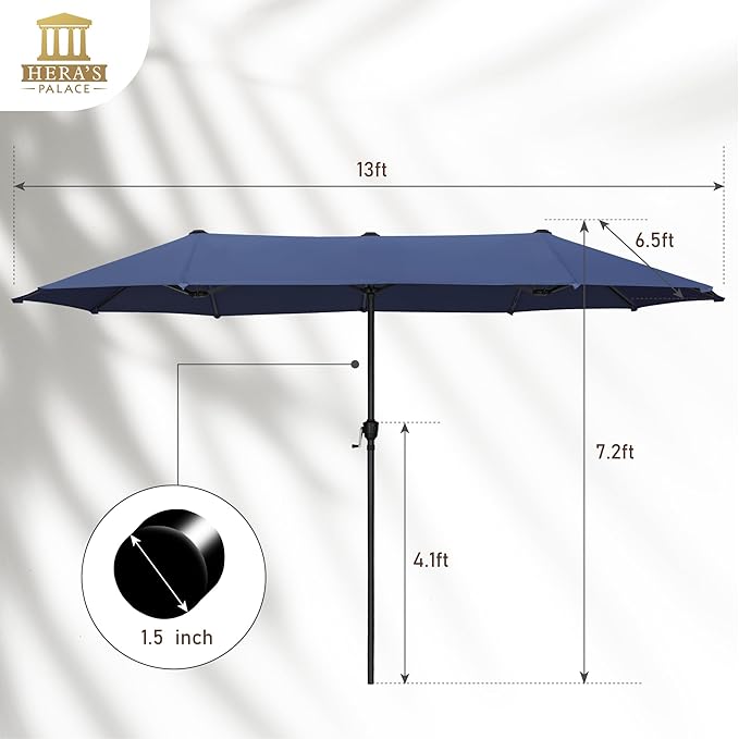HERA'S PALACE 13 ft Rectangle Patio Umbrellas, Large Outdoor Umbrella with Crank, Powerful UV Protective, Table Umbrella Outdoor Patio for Backyard, Pool, Garden, Deck