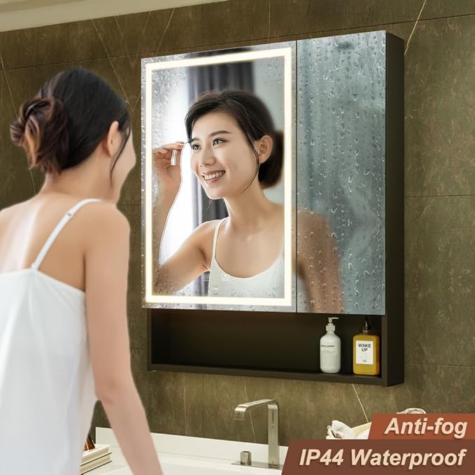 KWW LED Lighted Bathroom Medicine Cabinet with Sockets & USBs, Defogger, Dimmable, 3 Color Light Makeup Mirror, Easy to Install, Wall Mounted Cabinet (30 * 34)