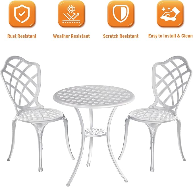 3 Piece Patio Bistro Set, Outdoor Bistro Table and Chairs Set of 2 w/Umbrella Hole, Rust-Resistant Cast Aluminum Bistro Set for Garden/Balcony/Backyard, White