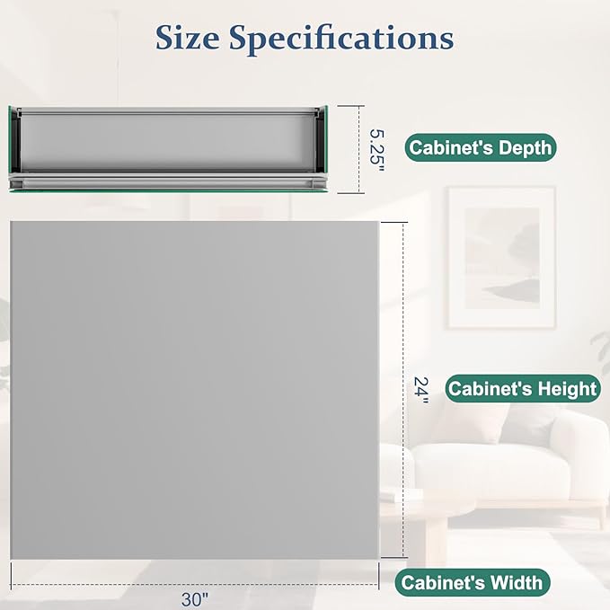 Bathroom Medicine Cabinet with Mirror, 30 Inch x 24 Inch Bathroom Mirror Cabinet with Single Door & Adjustable Shelves, Surface Mount or Recess Installation