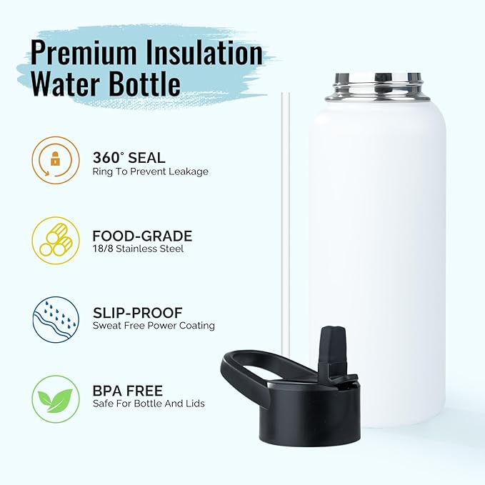 Stainless Steel Water bottle with Straw & Wide Mouth Lid, Wide Rotating Handle, 32oz Double Wall Vacuum Insulated Water Bottle Leak Proof, BPA Free, Keep Cold and Hot, 32oz, White