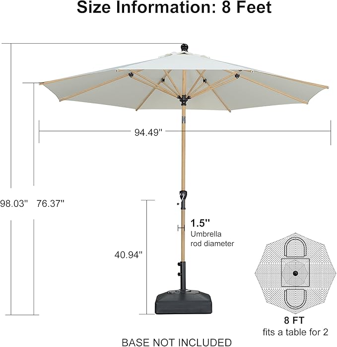 PURPLE LEAF 8 Feet Patio Umbrella Outdoor Table Umbrella Aluminum Market Umbrella with Push Button Tilt & 8 Sturdy Ribs and Crank Round Commercial Sun Umbrella for Garden Patio Balcony, Cream