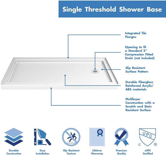 DreamLine SlimLine 36 in. D x 60 in. W x 2 3/4 in. H Right Drain Single Threshold Shower Base in White, DLT-1136602