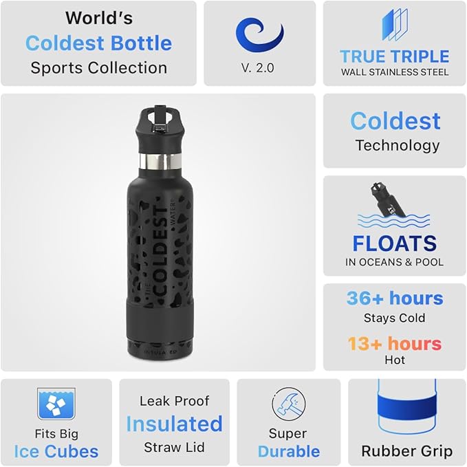 Coldest Water Bottle with Standard Mouth Straw Lid Metal Thermos Vacuum Insulated Stainless Steel l Reusable Leak Proof Cupholder Flask (21 oz, Black Leopard)