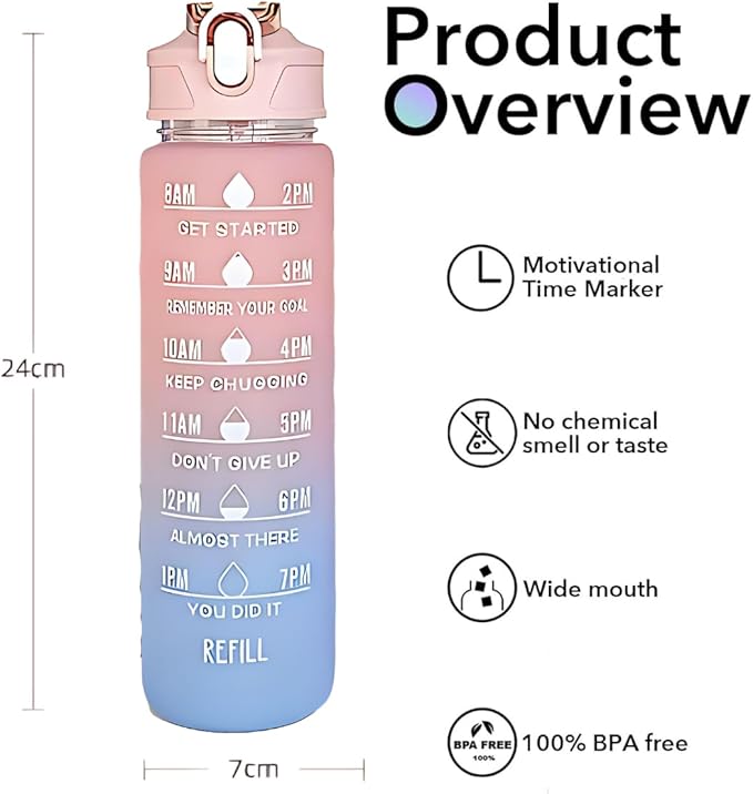 Generic Drinking Water Bottles Fitness Sports With Time Marker, 900 ml, Multiple Colors, Motivational Drinking Bottles Drinking Sports Water Bottle for Fitness, Gym & Outdoor (Pink+Purple), XH-2081