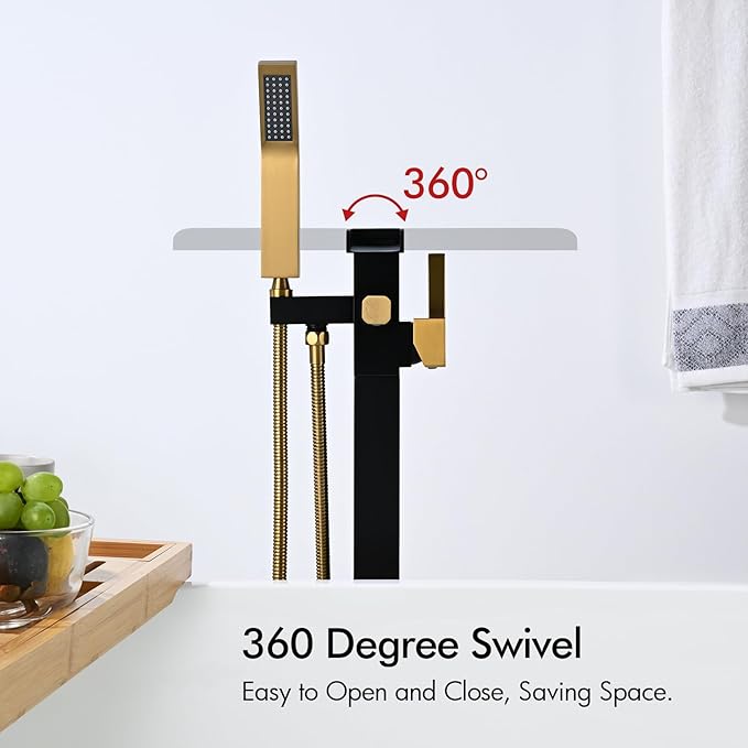BAGNOLUX Solid Brass Floor Mount Bathtub Faucet Free Standing Tub Faucet Freestanding Tub Filler Black Gold High Flow Rate Swivel Spout with Hand Shower, ‎YGSLT-Waterfall Black+Gold