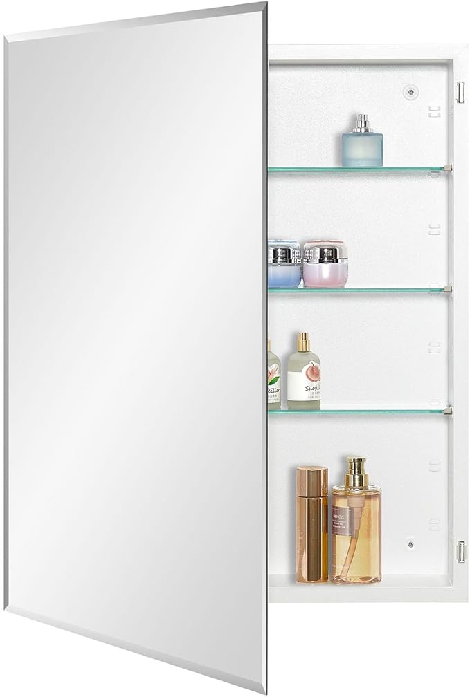 Bathroom Medicine Cabinet with Beveled Edge Mirrored Door 24 x 30 inch, Recessed or Surface Mount, with Adjustable Glass Shelves