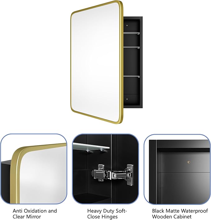 Bathroom Wood Black Cabinet with 20''x30'' Brushed Gold Metal Frame Curved Mirror, Recessed Medicine Cabinet, Bathroom Storage Cabinet