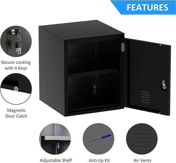 Metal Storage Locker Cabinet with Locking Door and Adjustable Shelf for Home Office Classroom Workshop Organization (Black)