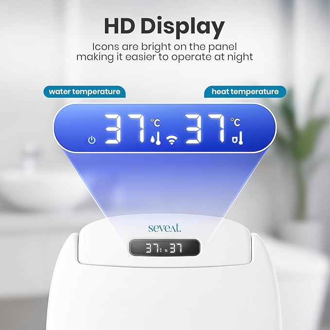 Electric Heated Bidet Toilet Seat–Instant Warm Water & Dryer, Feminine & Front Rear Wash, Wireless Remote, Self-Clean Nozzle, Slow Close Lid, Temperature Display, Energy Saving Mode (Rounded)