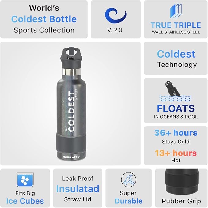 Coldest Water Bottle with Standard Mouth Straw Lid Metal Thermos Vacuum Insulated Stainless Steel l Reusable Leak Proof Cupholder Flask (21 oz, Stardust)