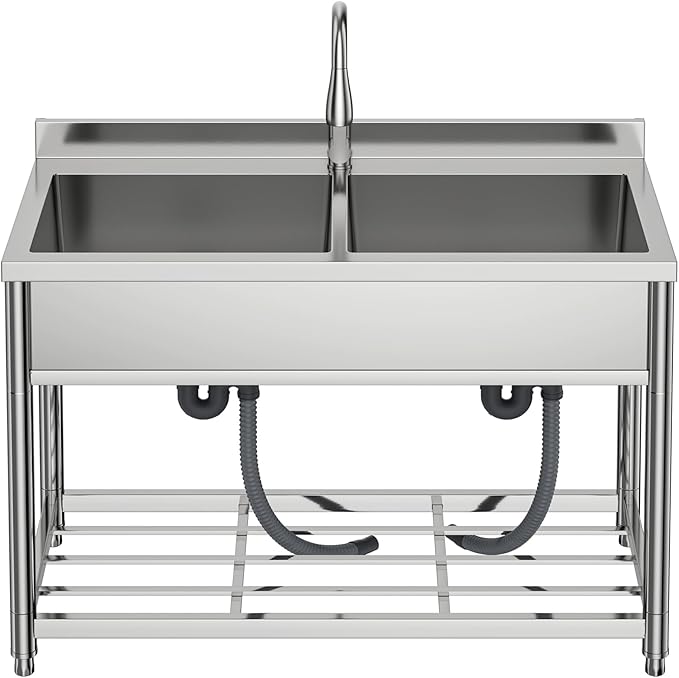 2-Compartment Commercial Sink, Stainless Steel Utility Sink with Pull-out Faucet, Free Standing Double Bowl Kitchen Sink for Restaurant, Garage, Shop, Cafe, Outoor, 21.7"D x 47.2"W x 37"H