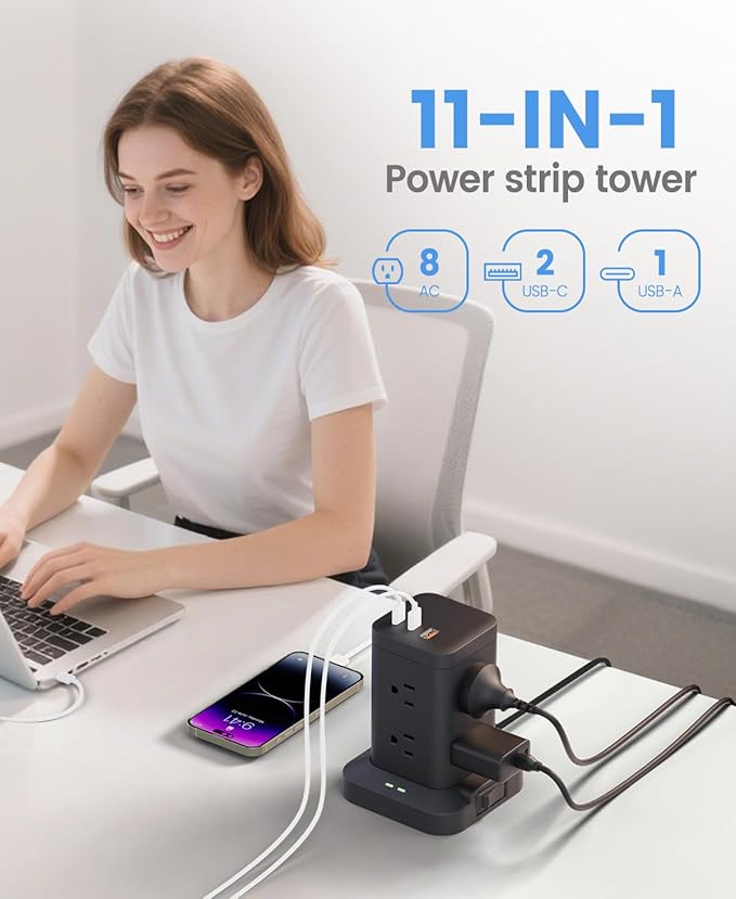 Power Strip Tower with Surge Protector 1800J, Fast Charging Tower PD20W USB-C Ports with 8 AC Outlets, 6ft Extension Cord for Home Office Dorm Room, Black