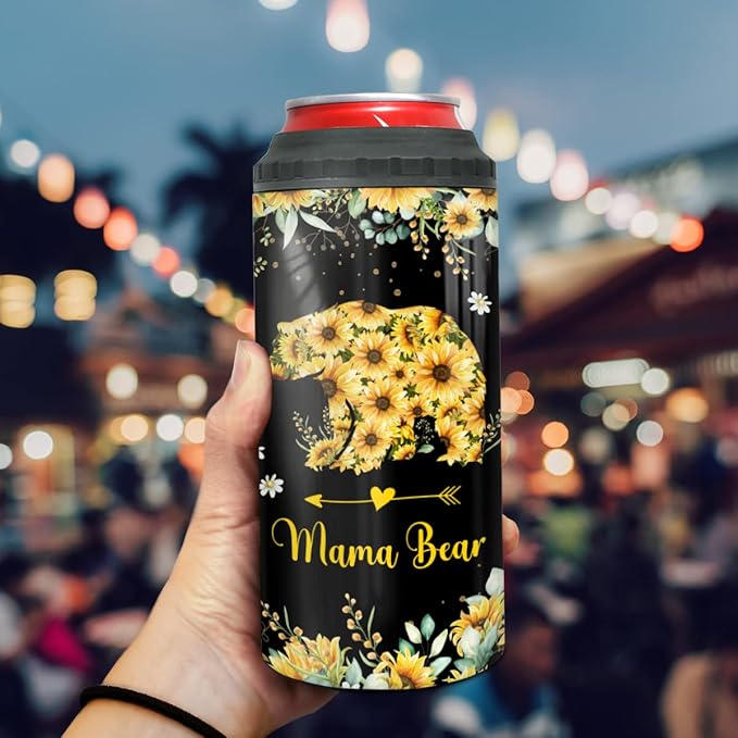 winorax Mom Gifts Mama Bear Tumbler 4-in-1 Can Cooler Mom Nutrition Facts Tumblers Sunflower Style Stainless Steel 16oz Travel Cup Mother's Day Christmas Birthday Gifts from Daughter Son