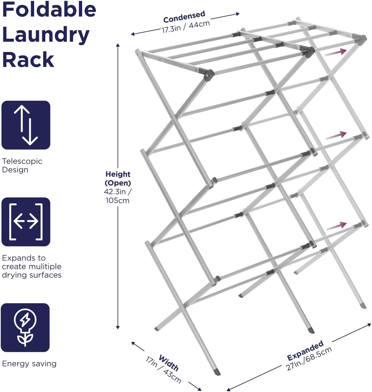 BLACK+DECKER Laundry Organization Expandable/Collapsible Clothes Drying Rack. Essential for Camping/Trailers or Anywhere You Air Dry Laundry. Oversized for Multiple Garments, (Grey)