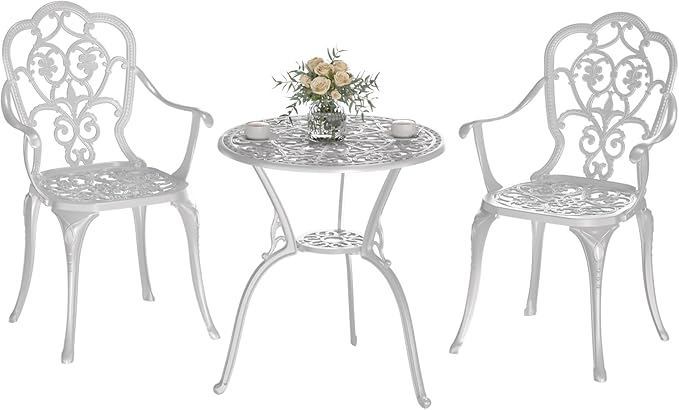 Patio Bistro Set of 2, Cast Aluminum, Outdoor Set w/Umbrella Hole, 3 Piece Table and Chairs Set, Bistro Set for Backyard/Garden/Lawn, White