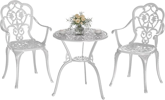 Patio Bistro Set of 2, Cast Aluminum, Outdoor Set w/Umbrella Hole, 3 Piece Table and Chairs Set, Bistro Set for Backyard/Garden/Lawn, White