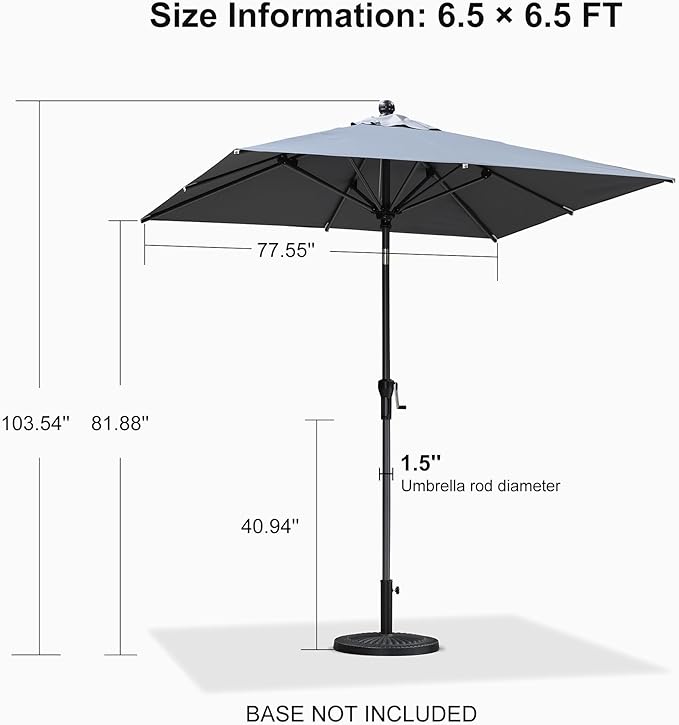 PURPLE LEAF 6.5' x 6.5' Square Patio Umbrella Outdoor Table Umbrella Aluminum Frame Market Umbrella Sun Umbrella with 8 Sturdy Ribs & Tilt for Garden Deck Lawn & Pool Light Gray