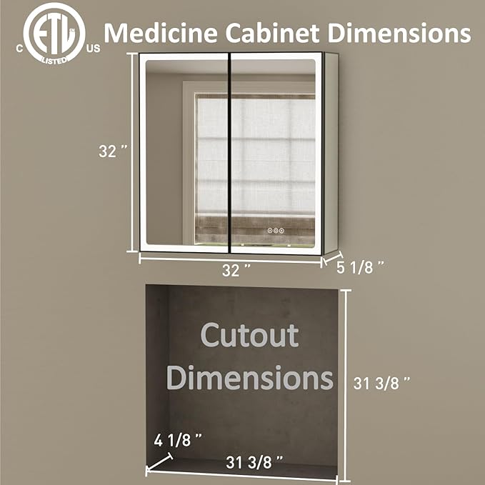 32x32 Inch Led Lighted Medicine Cabinet with Mirror, Recessed or Surface Mount Bathroom Medicine Cabinet, Anti-Fog, Adjustable Shelf, Dimmable Light, Outlets & USB, ETL Listed, Black