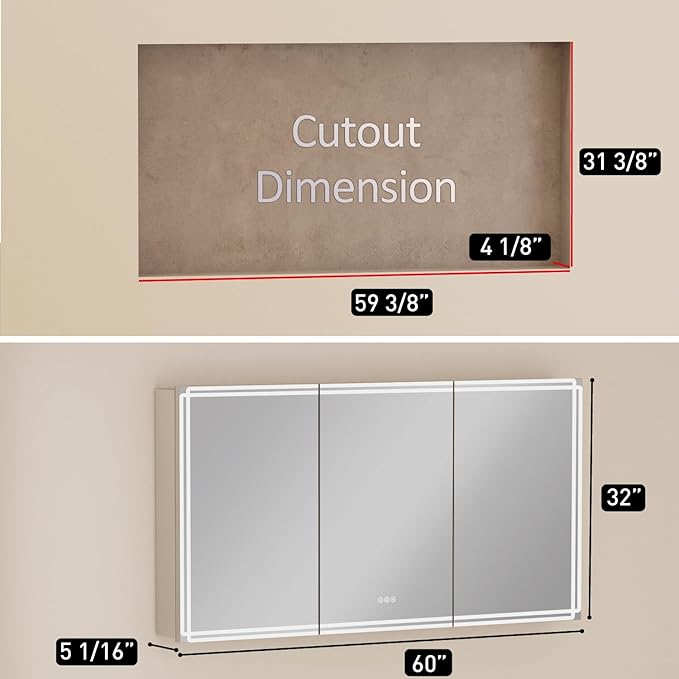 Buruis 60'' x 32'' Medicine Cabinet with Lights and Mirrors, Recessed or Wall Mounted Modern Bathroom Cabinet with 3-Mode Light, Anti-Fog, Dimmable, Memory Function, Outlet, Silver
