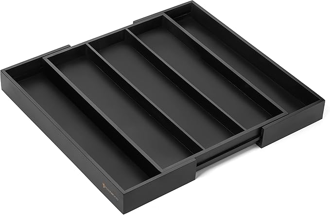 Purawood - Large Premium Bamboo Silverware Organizer - Expandable Kitchen Drawer & Utensil Organizer, 17.5" x 19.75" Cutlery Tray with Drawer Dividers for Kitchen Flatware (3-5 Slots) (Black)