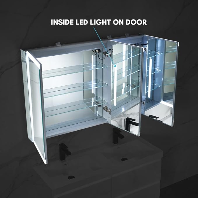 Blossom LED Lighted Mirror Medicine Cabinet, 48x32 Inch | Wall Mounted Recessed or Surface Bathroom LED Medicine Cabinet with Mirror, Makeup Mirror with Lights | Defogger, 3 Color Dimmer