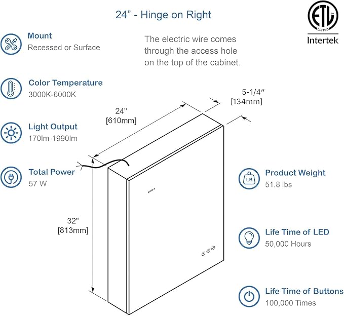 Blossom LED Lighted Mirror Medicine Cabinet, 24x32 Inch, Right Hinge | Recessed or Surface Bathroom LED Medicine Cabinet with Mirror, Defogger, 3 Color Dimmer | 3X Makeup Mirror, Outlets & USB Ports