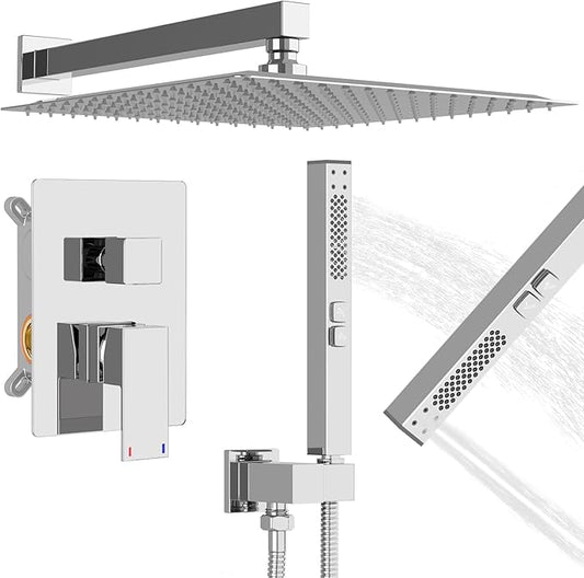 RUMOSE Polished Chrome Rainfall Shower System 12 Inch High Pressure Square Head with 2 in 1 Handheld Spray Wall Mount Brass Bathroom Shower Faucet Set with cUPC Certified Rough-in Valve