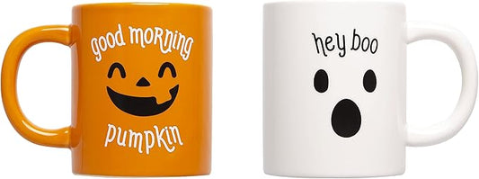 Pearhead Halloween Mug Set, Good Morning Pumpkin and Hey Boo Coffee Mugs, Novelty Fall Holiday Cups, Set of 2, 13 oz
