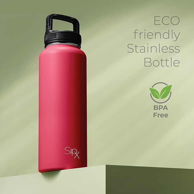 SipX™ Triple-Insulated Stainless Steel Water Bottle 40oz. With 3 Lids, BPA-Free Reusable Insulated Water Bottle Keeps Cold 24 Hours, Metal Water Bottle Made Of Sustainable Material For Hiking & Biking