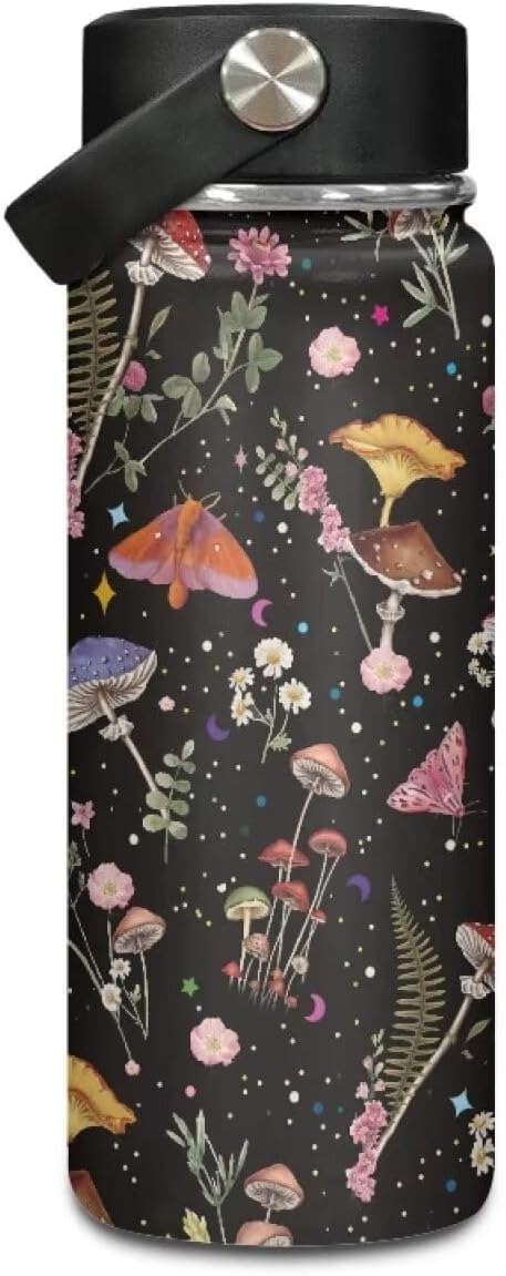 Wild Mushoom Water Bottle 20 Oz for Women Insulated Water Bottles with Handle Flask Wide Mouth Bottle Vacuum Stainless Steel Metal Water Bottle