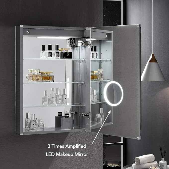 Blossom LED Lighted Mirror Medicine Cabinet, 24x32 Inch, Right Hinge | Recessed or Surface Bathroom LED Medicine Cabinet with Mirror, Defogger, 3 Color Dimmer | 3X Makeup Mirror, Outlets & USB Ports