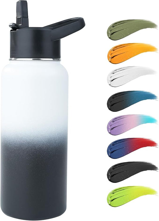 Stainless Steel Water bottle with Straw & Wide Mouth Lid, Wide Rotating Handle, 32oz Double Wall Vacuum Insulated Water Bottle Leak Proof, BPA Free, Keep Cold and Hot, 32oz, White Gradient