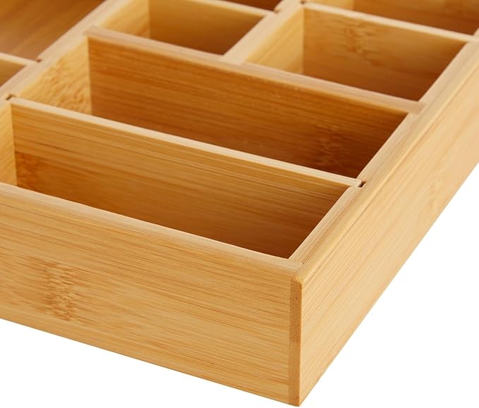 Juvale Drawer Organizer Tray - 14 x 10 x 2 In Brown Bamboo - 8 Adjustable Dividers for Custom Storage - Silverware & Utensil Organizer - Desk Drawer Divider - Versatile Wooden Divided Tray