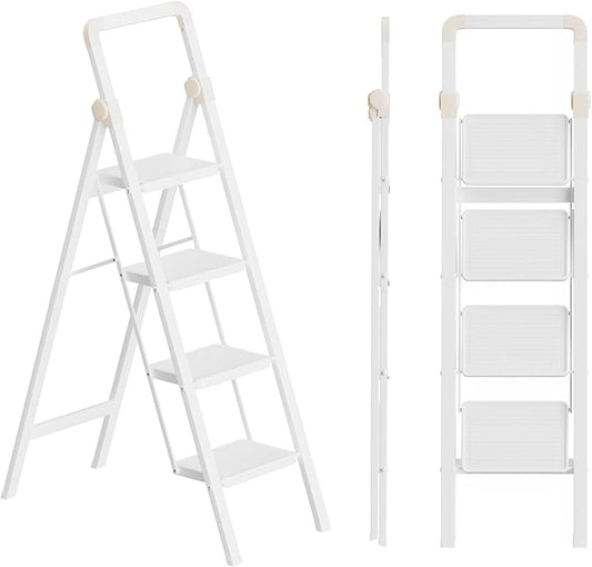 Step Ladder 4 Step Folding Stool with Anti-Slip Widened Sturdy Pedal and Handgrip, Portable and Multi-Use Iron Stepladder for Home, Kitchen, 300 lbs Capacity -White