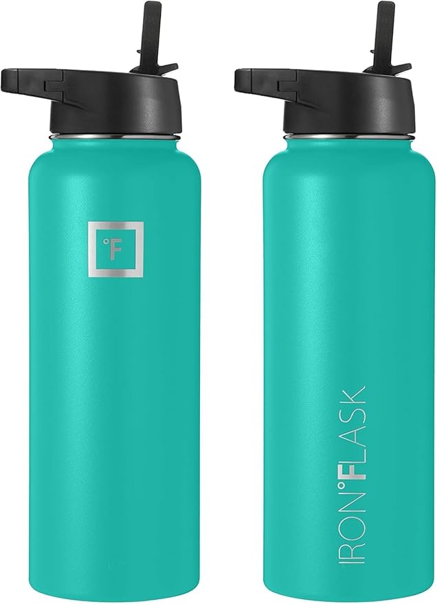 IRON °FLASK Sports Water Bottle - Wide Mouth with 3 Spout Lids - Stainless Steel Gym & Outdoor Bottles for Men, Women & Kids - Double Walled, Insulated Thermos, Metal Canteen - Aquamarine, 40 Oz