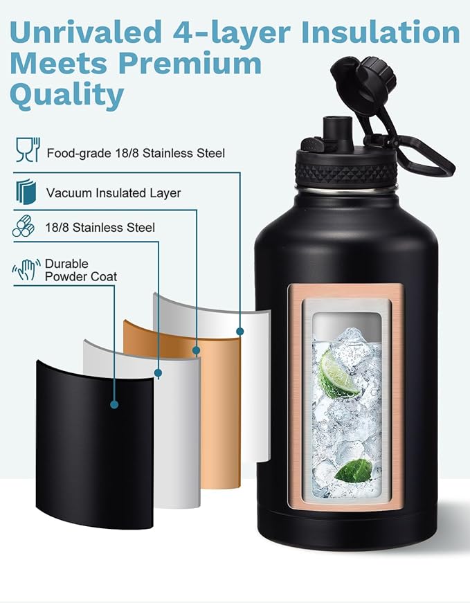 64 OZ Insulated Water Bottles with Straw & Spout Lids, Waterbottle Carrier with Strap, Protective Boot & Paracord Handle, Half Gallon Water Bottle 64oz Stainless Steel Water Canteen for Sports Gym