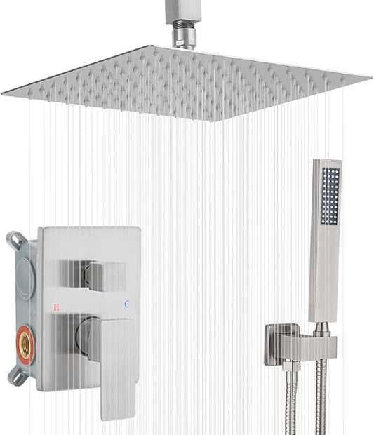 Shower System Brushed Nickel Bathroom 10 Inch Rain Shower Head Ceiling Mount with Handheld Luxury High Pressure Shower Combo Set Shower Faucet Rough-in Valve Body and Trim Included